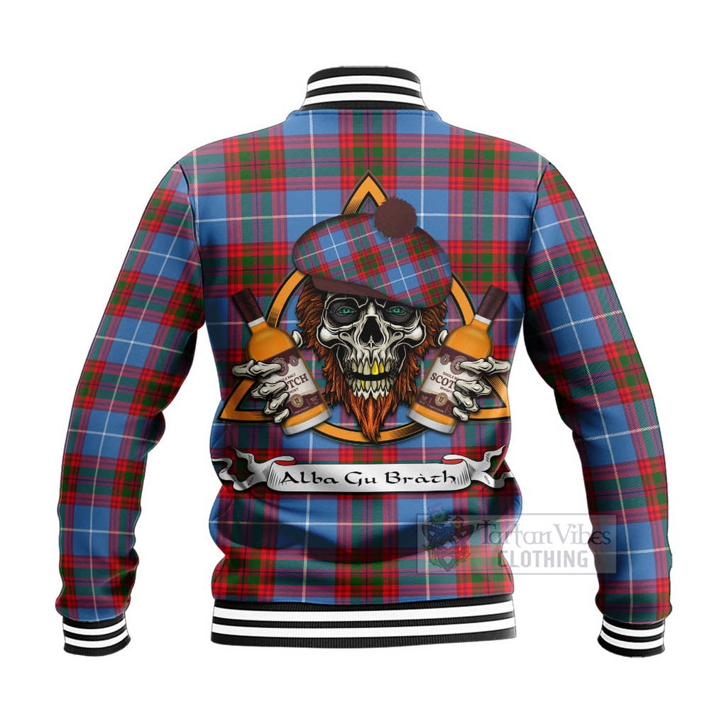 Tartan Vibes Clothing Dalmahoy Tartan Baseball Jacket with Family Crest and Bearded Skull Holding Bottles of Whiskey