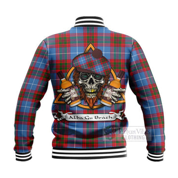 Dalmahoy Tartan Baseball Jacket with Family Crest and Bearded Skull Holding Bottles of Whiskey