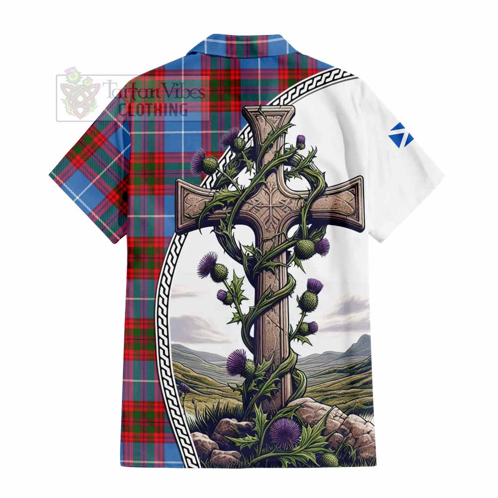 Tartan Vibes Clothing Dalmahoy Tartan Short Sleeve Button Shirt with Family Crest and St. Andrew's Cross Accented by Thistle Vines