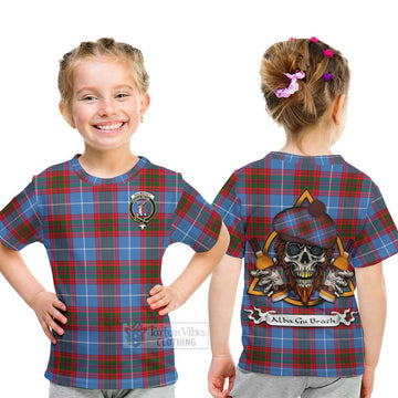 Dalmahoy Tartan Kid T-Shirt with Family Crest and Bearded Skull Holding Bottles of Whiskey