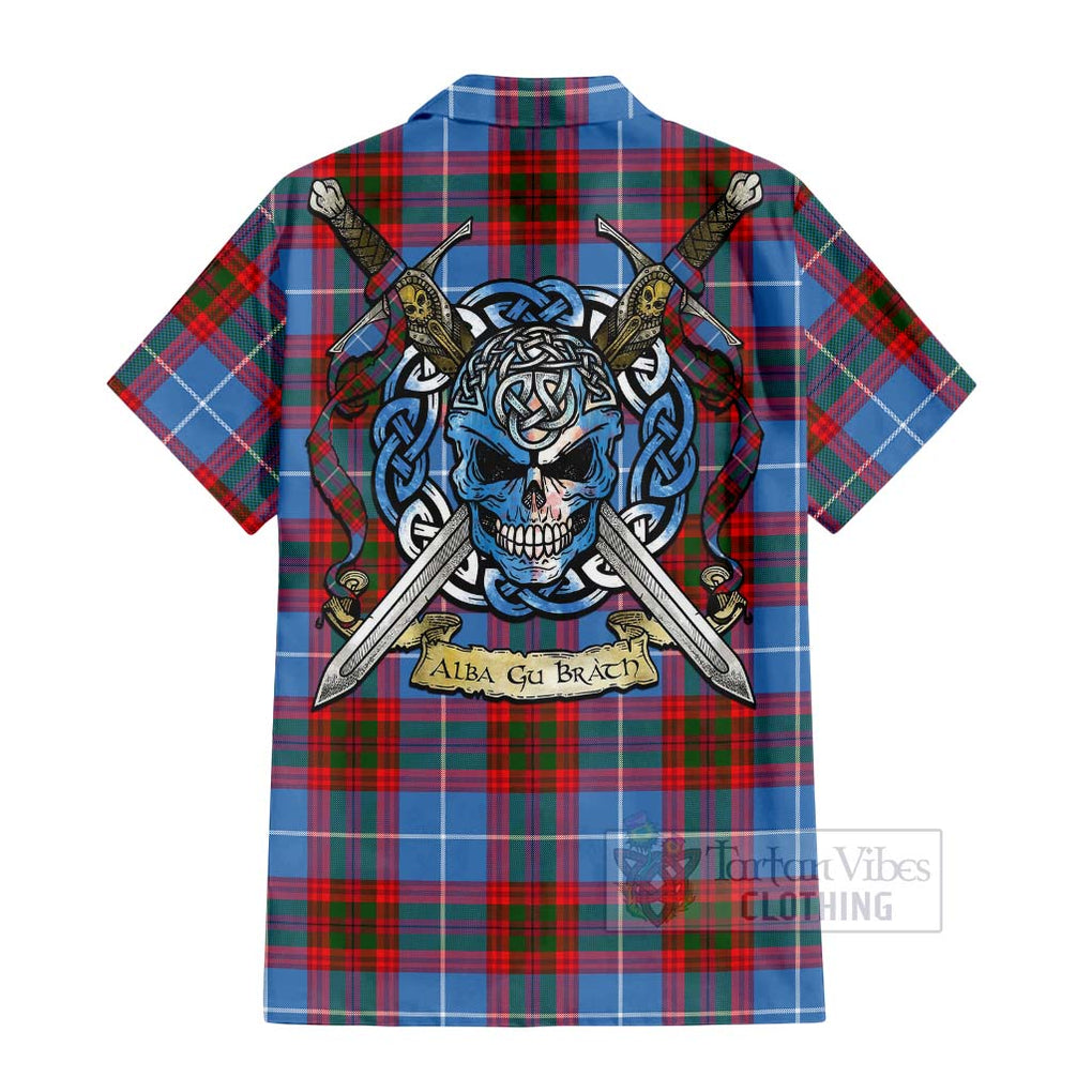 Tartan Vibes Clothing Dalmahoy Tartan Short Sleeve Button Shirt with Family Crest Celtic Skull Style