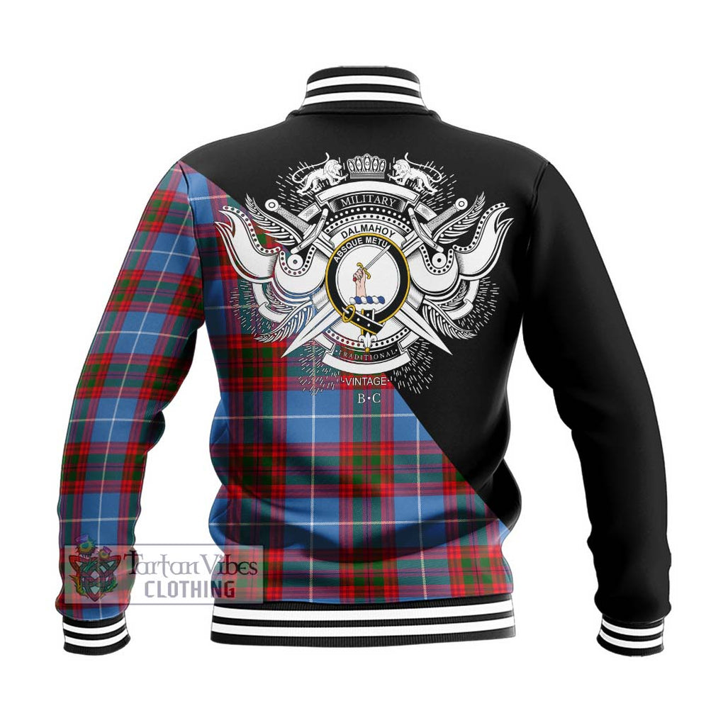 Dalmahoy Tartan Baseball Jacket with Family Crest and Military Logo Style - Tartanvibesclothing Shop