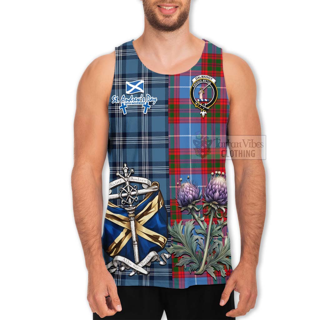 Tartan Vibes Clothing Dalmahoy Tartan Men's Tank Top Happy St. Andrew's Day Half Tartan Style