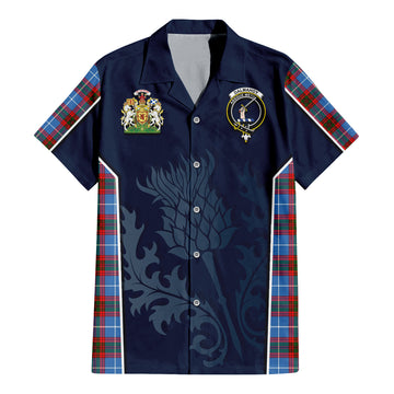 Dalmahoy Tartan Short Sleeve Button Up Shirt with Family Crest and Scottish Thistle Vibes Sport Style