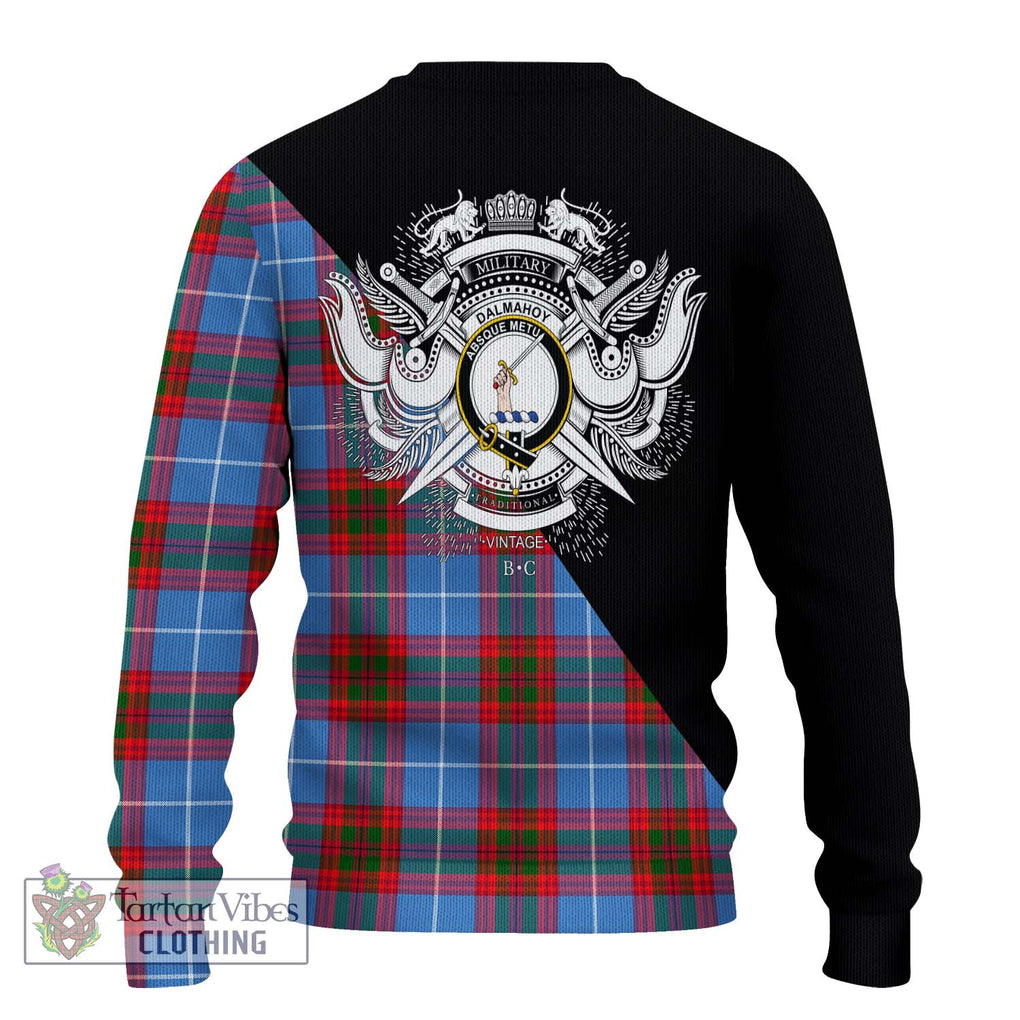 Dalmahoy Tartan Knitted Sweater with Family Crest and Military Logo Style - Tartanvibesclothing Shop