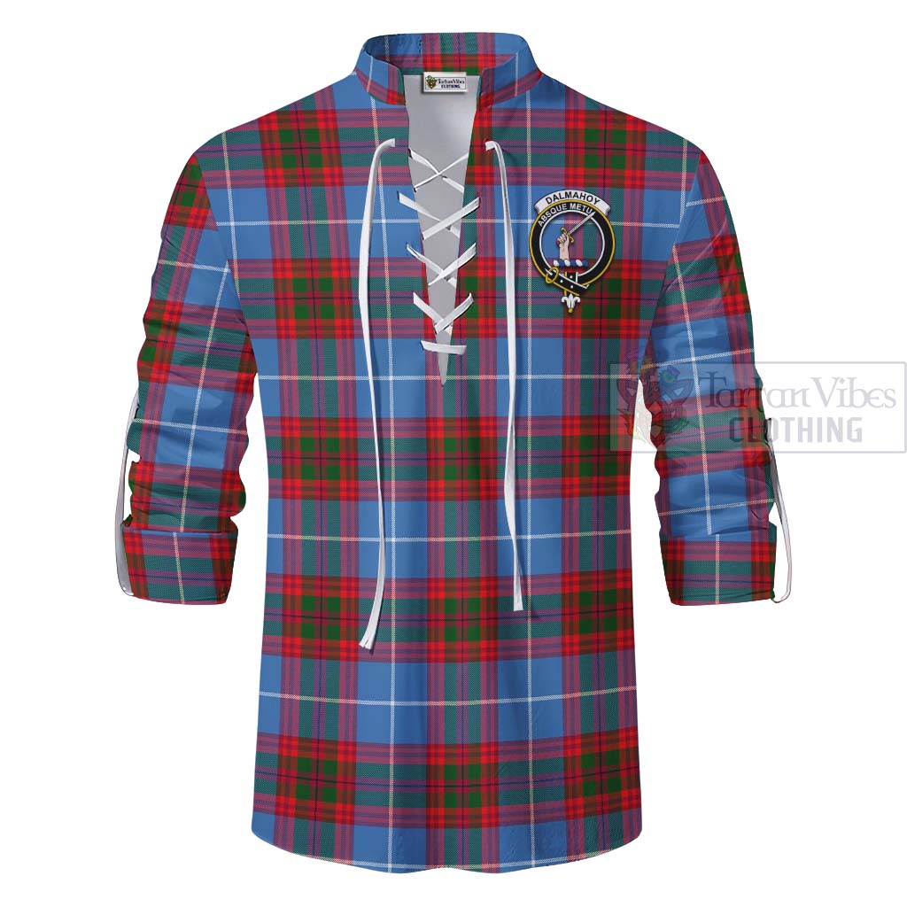 Tartan Vibes Clothing Dalmahoy Tartan Ghillie Kilt Shirt with Family Crest and Bearded Skull Holding Bottles of Whiskey