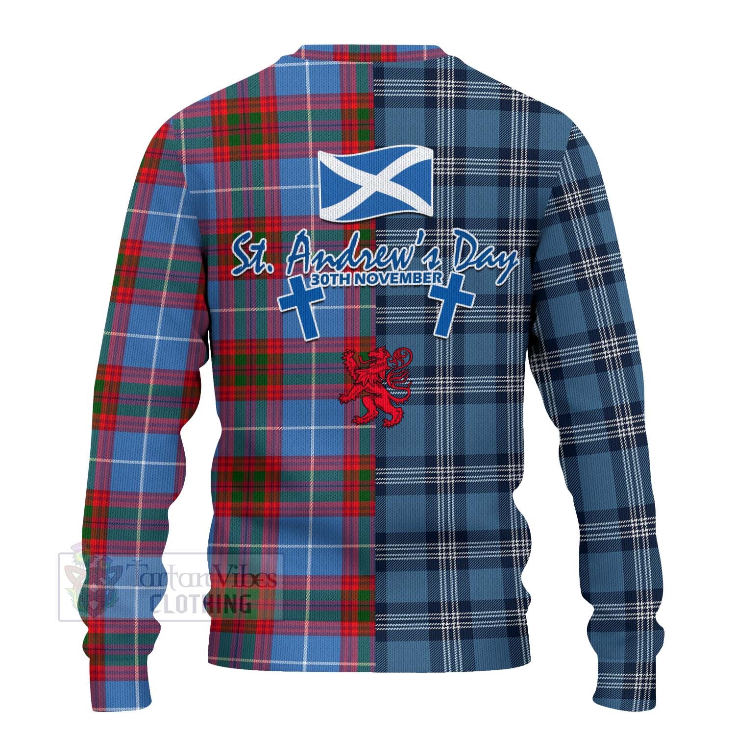 Tartan Vibes Clothing Dalmahoy Tartan Knitted Sweater Happy St. Andrew's Day Half Tartan Style