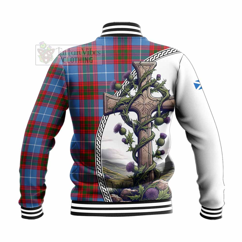 Tartan Vibes Clothing Dalmahoy Tartan Baseball Jacket with Family Crest and St. Andrew's Cross Accented by Thistle Vines