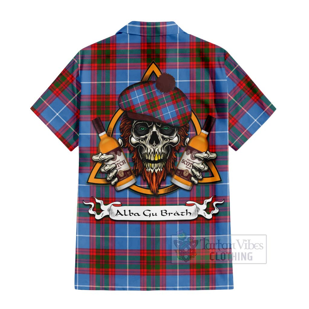 Tartan Vibes Clothing Dalmahoy Tartan Short Sleeve Button Shirt with Family Crest and Bearded Skull Holding Bottles of Whiskey