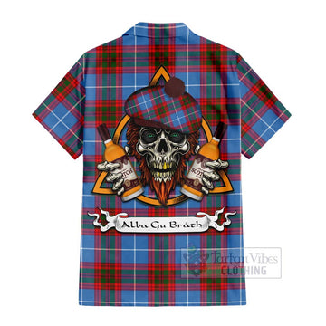 Dalmahoy Tartan Short Sleeve Button Shirt with Family Crest and Bearded Skull Holding Bottles of Whiskey