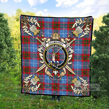 Dalmahoy Tartan Quilt with Family Crest and Golden Thistle Crossed Sword Design