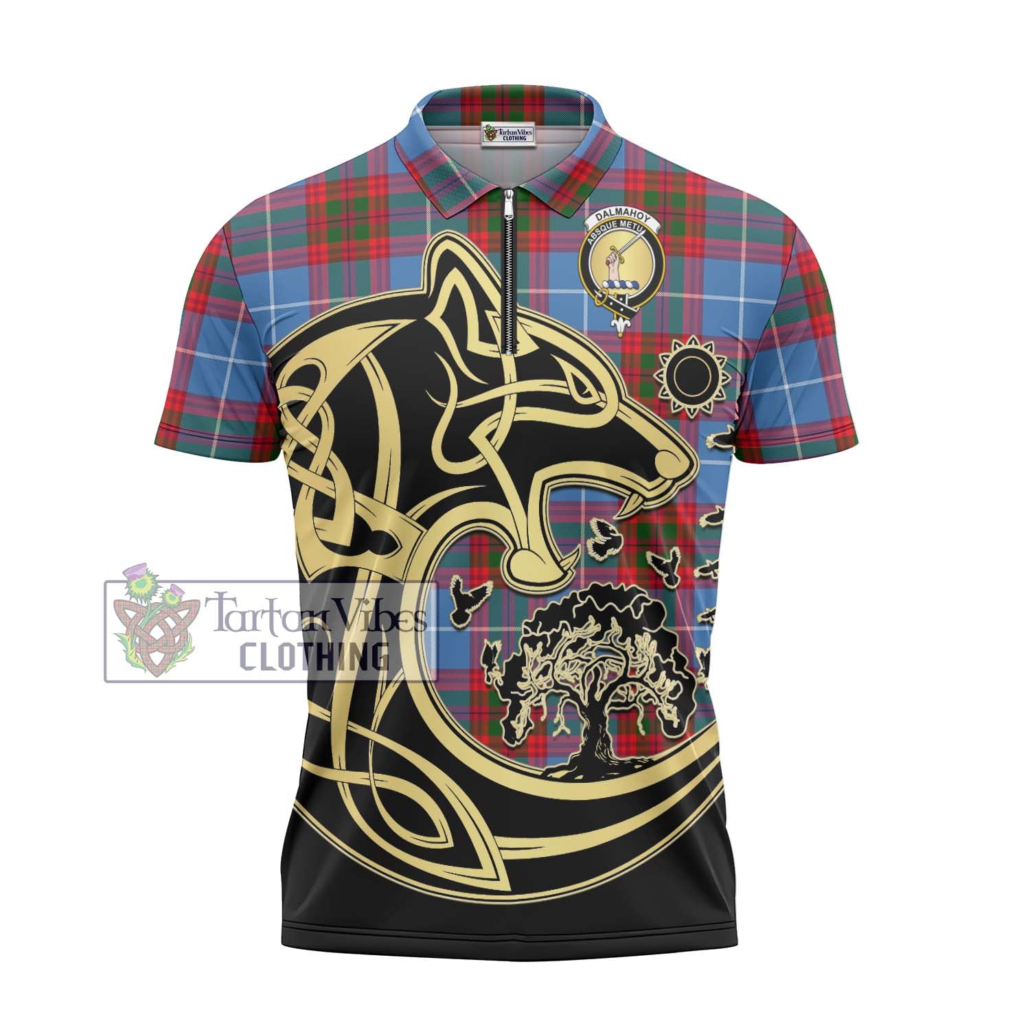 Tartan Vibes Clothing Dalmahoy Tartan Zipper Polo Shirt with Family Crest Celtic Wolf Style