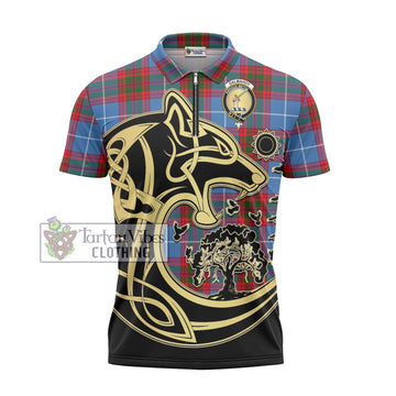 Dalmahoy Tartan Zipper Polo Shirt with Family Crest Celtic Wolf Style