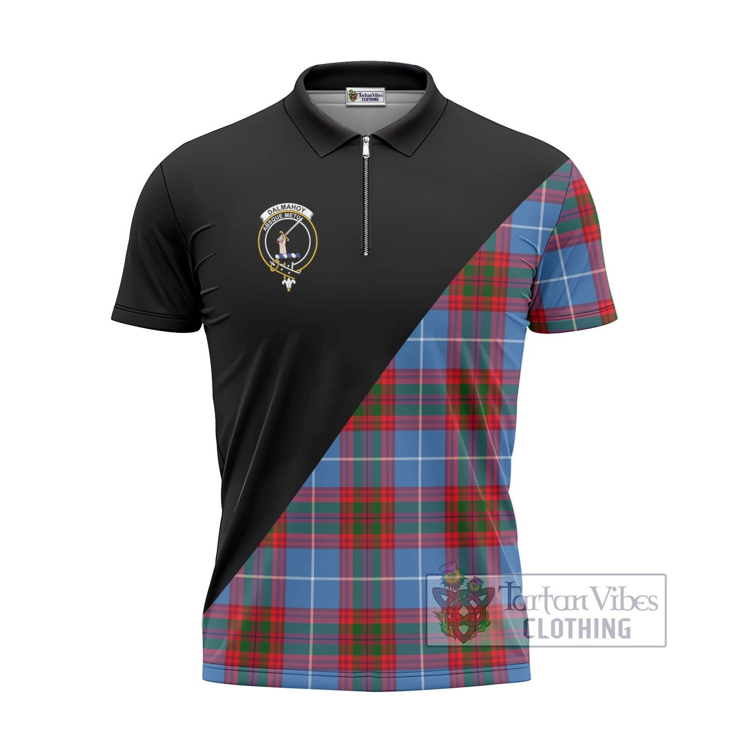 Tartan Vibes Clothing Dalmahoy Tartan Zipper Polo Shirt with Family Crest and Military Logo Style