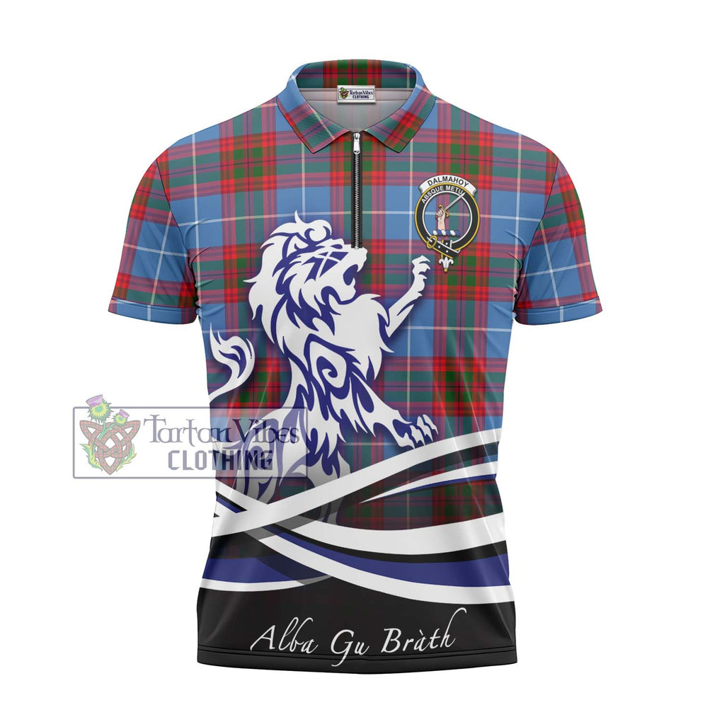 Dalmahoy Tartan Zipper Polo Shirt with Alba Gu Brath Regal Lion Emblem - Tartanvibesclothing Shop