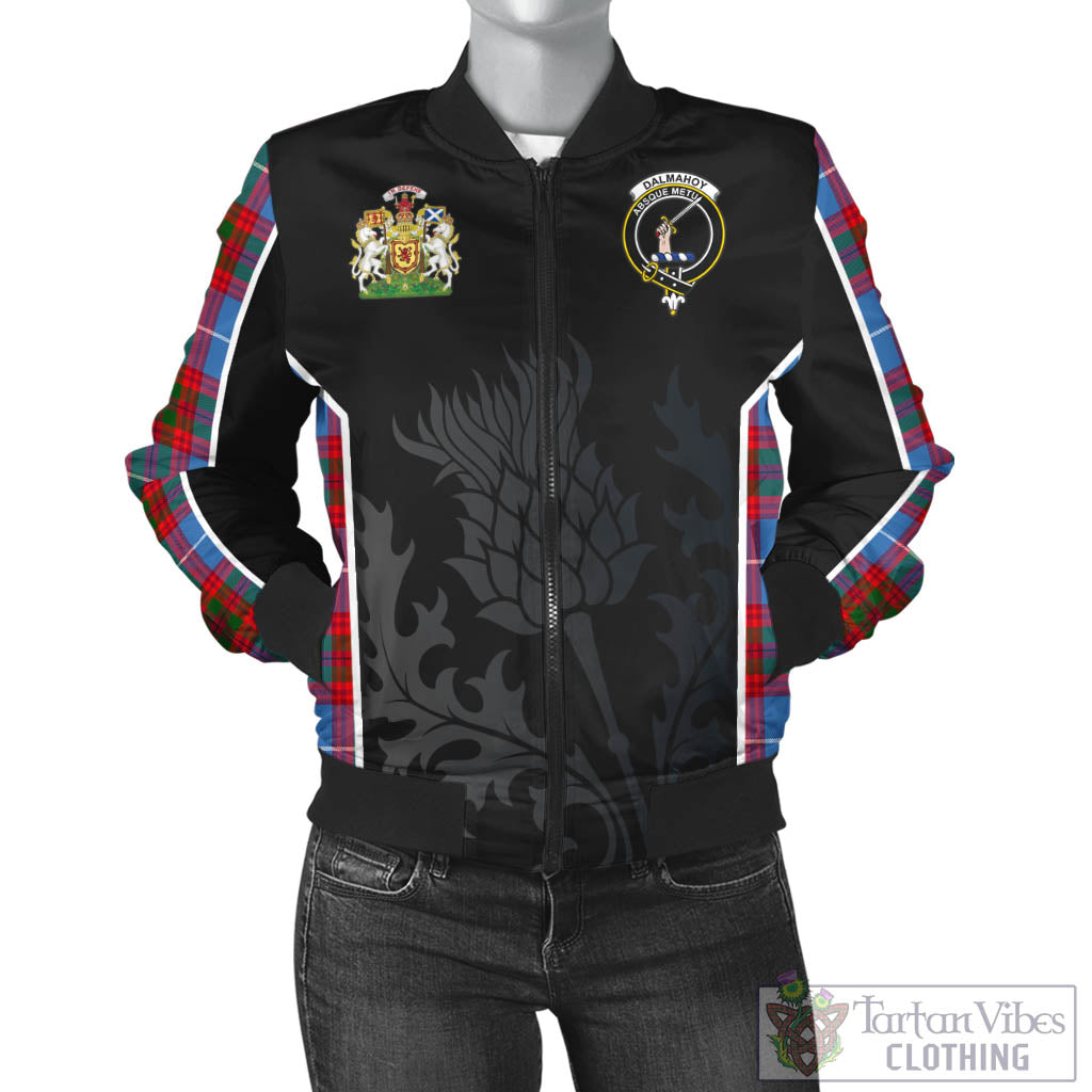 Tartan Vibes Clothing Dalmahoy Tartan Bomber Jacket with Family Crest and Scottish Thistle Vibes Sport Style