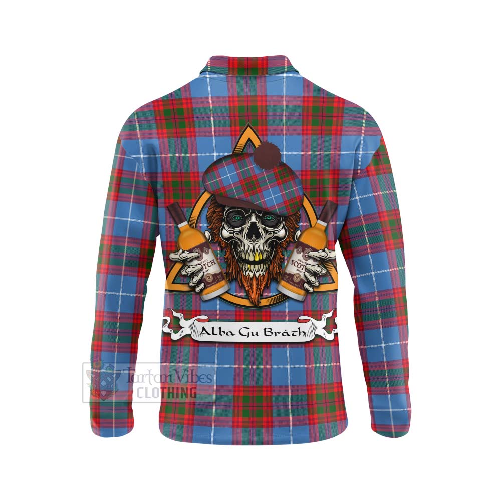 Tartan Vibes Clothing Dalmahoy Tartan Long Sleeve Polo Shirt with Family Crest and Bearded Skull Holding Bottles of Whiskey