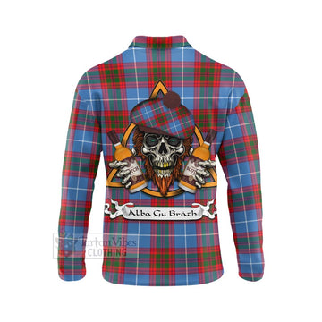 Dalmahoy Tartan Long Sleeve Polo Shirt with Family Crest and Bearded Skull Holding Bottles of Whiskey