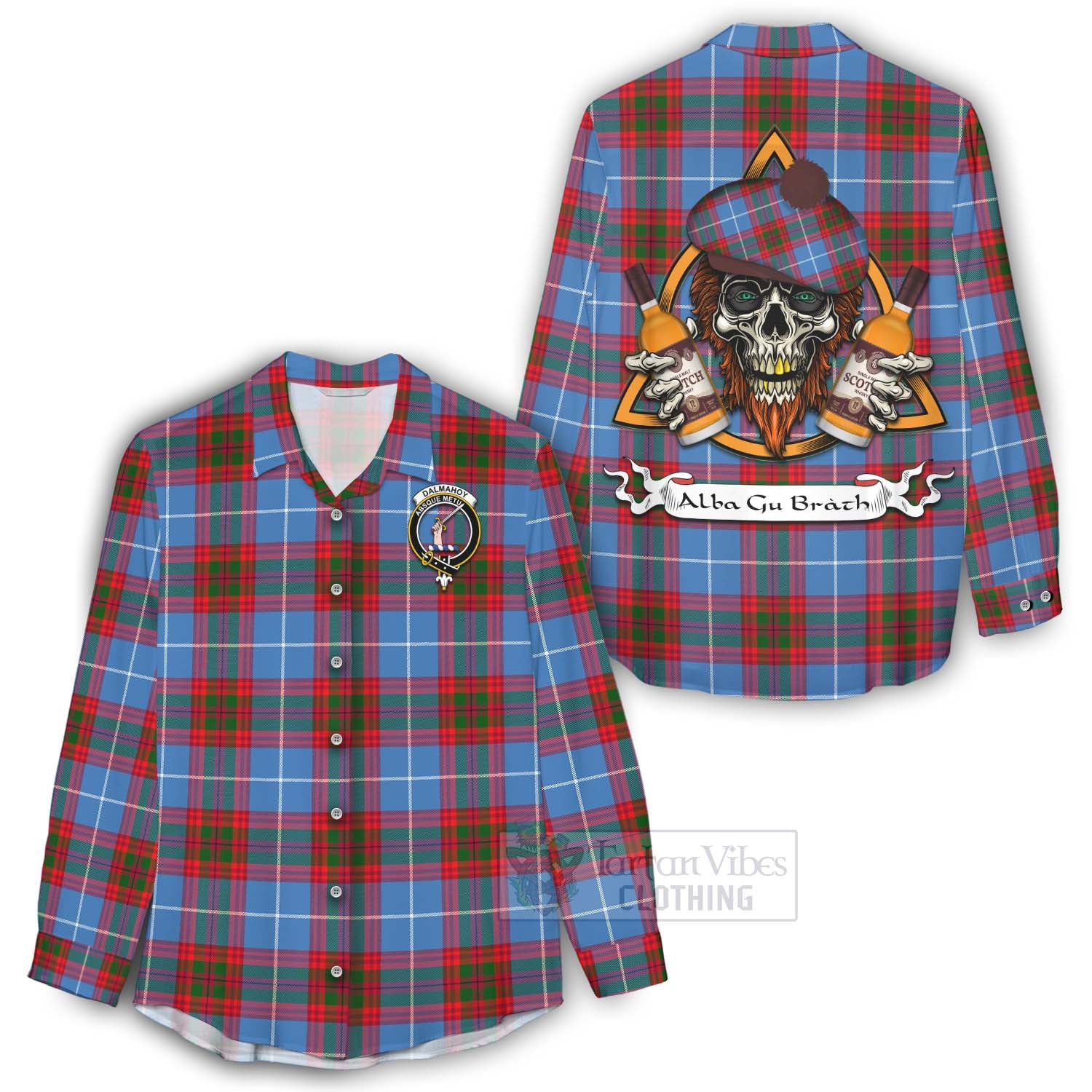 Tartan Vibes Clothing Dalmahoy Tartan Women's Casual Shirt with Family Crest and Bearded Skull Holding Bottles of Whiskey