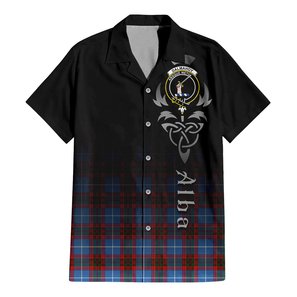 Tartan Vibes Clothing Dalmahoy Tartan Short Sleeve Button Up Featuring Alba Gu Brath Family Crest Celtic Inspired