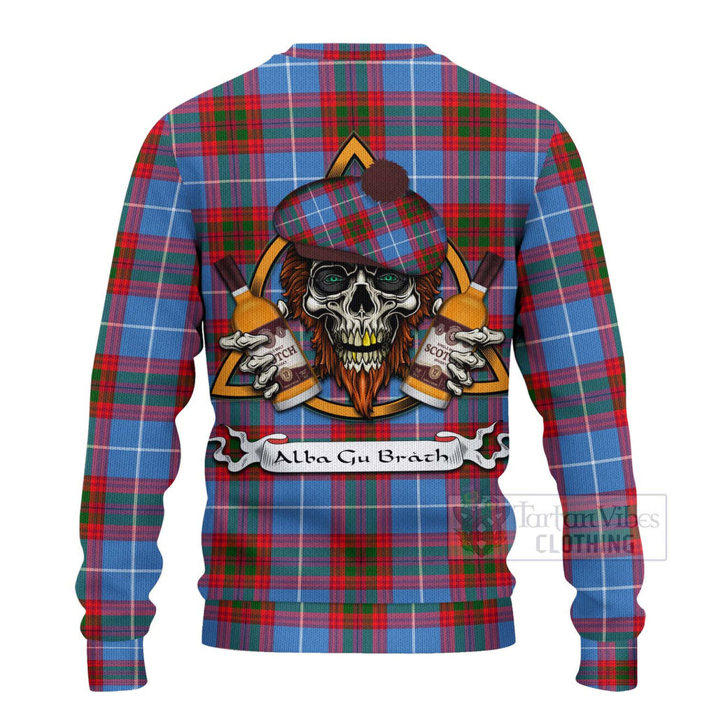 Tartan Vibes Clothing Dalmahoy Tartan Knitted Sweater with Family Crest and Bearded Skull Holding Bottles of Whiskey