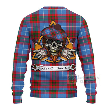 Dalmahoy Tartan Ugly Sweater with Family Crest and Bearded Skull Holding Bottles of Whiskey