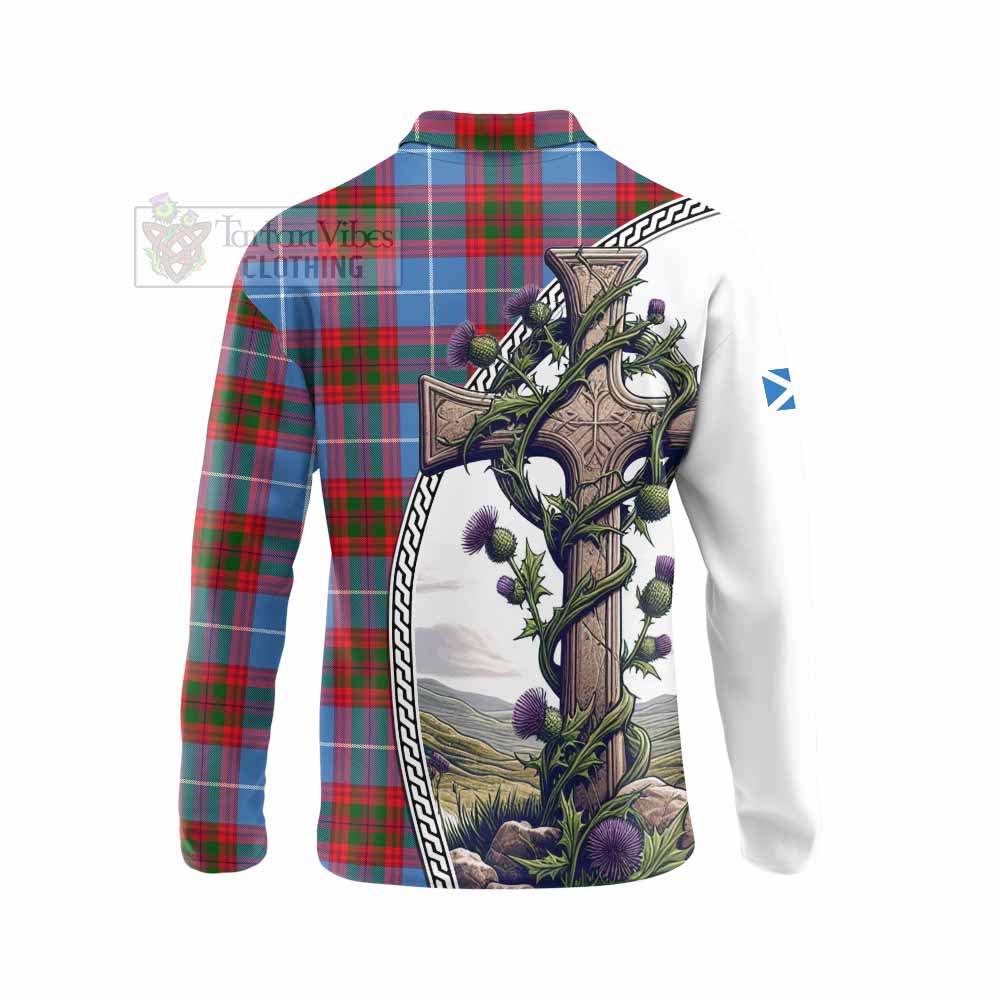 Tartan Vibes Clothing Dalmahoy Tartan Long Sleeve Polo Shirt with Family Crest and St. Andrew's Cross Accented by Thistle Vines