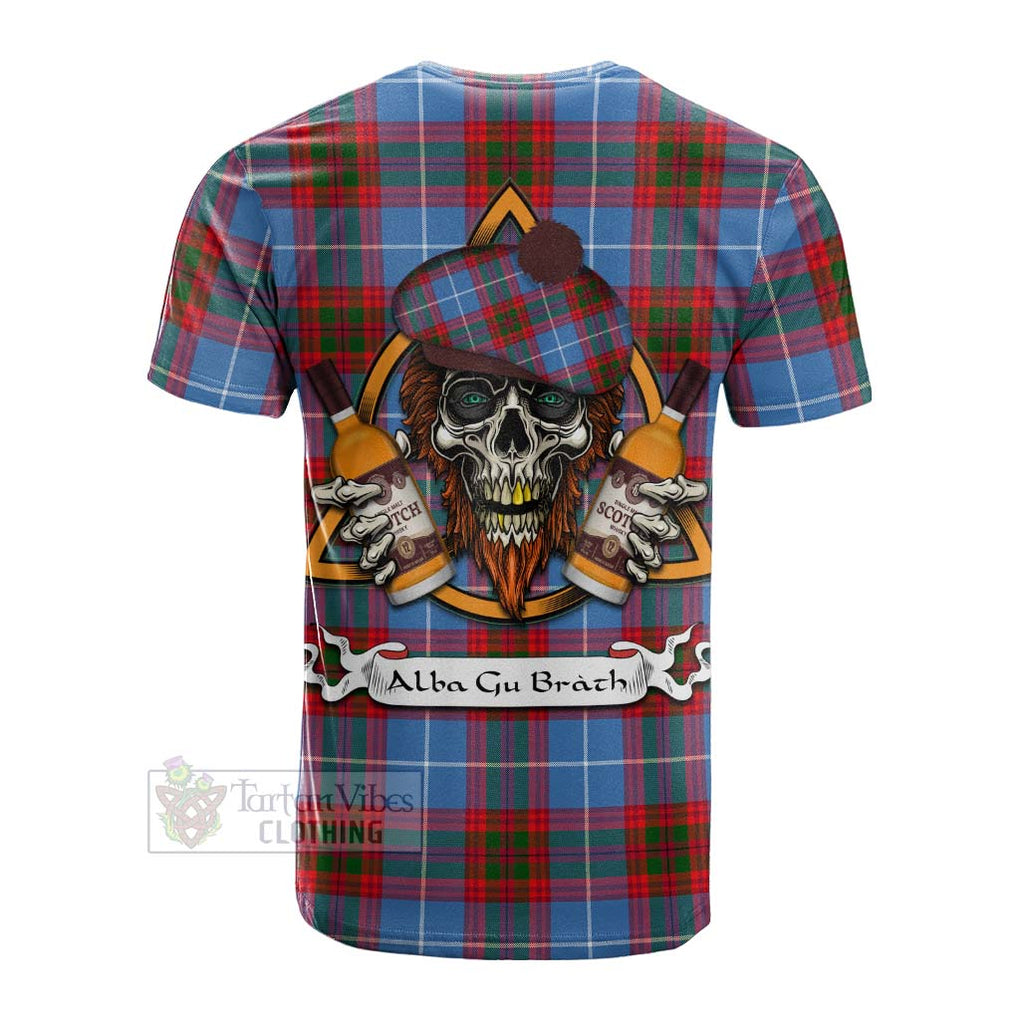 Tartan Vibes Clothing Dalmahoy Tartan Cotton T-shirt with Family Crest and Bearded Skull Holding Bottles of Whiskey