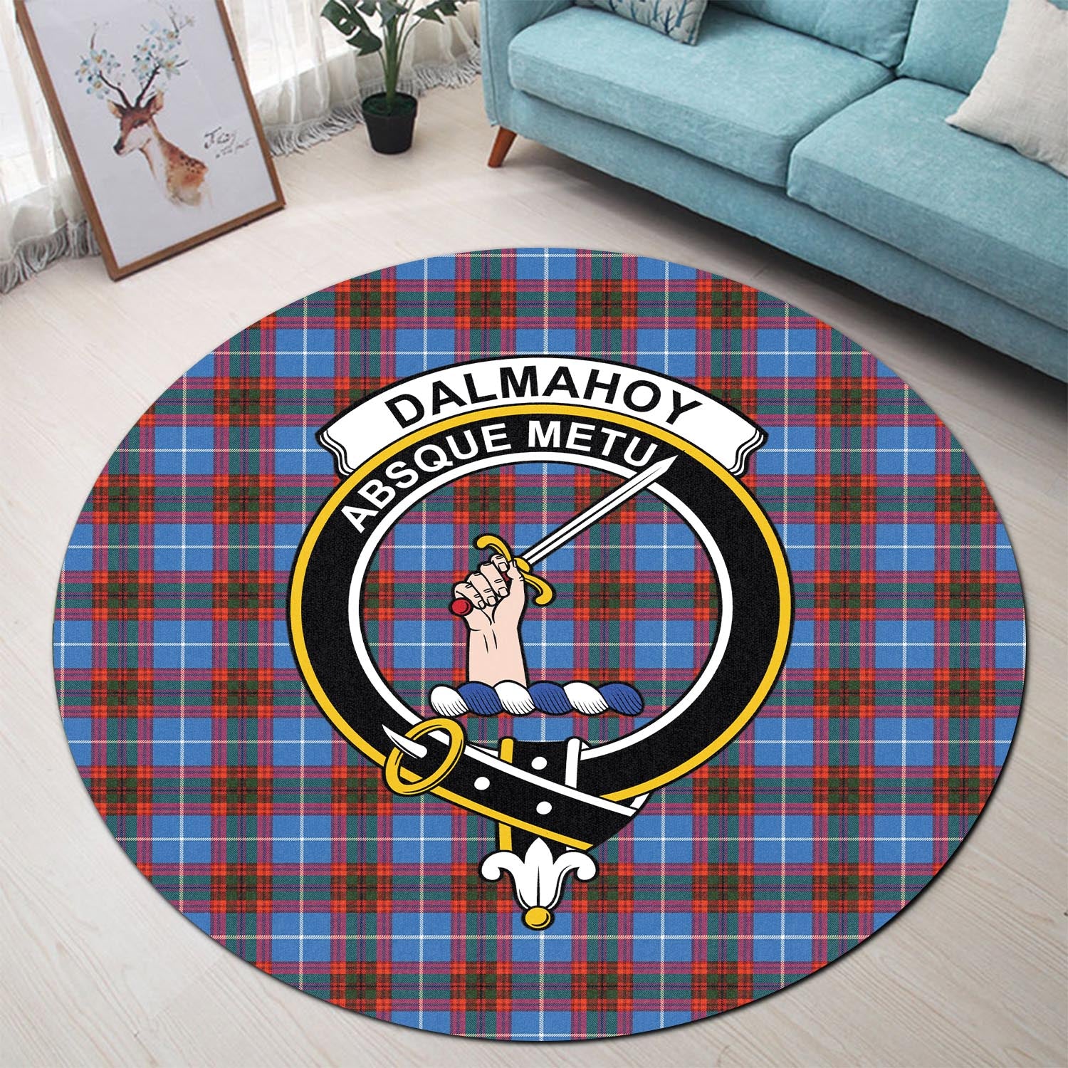 Dalmahoy Tartan Round Rug with Family Crest - Tartanvibesclothing