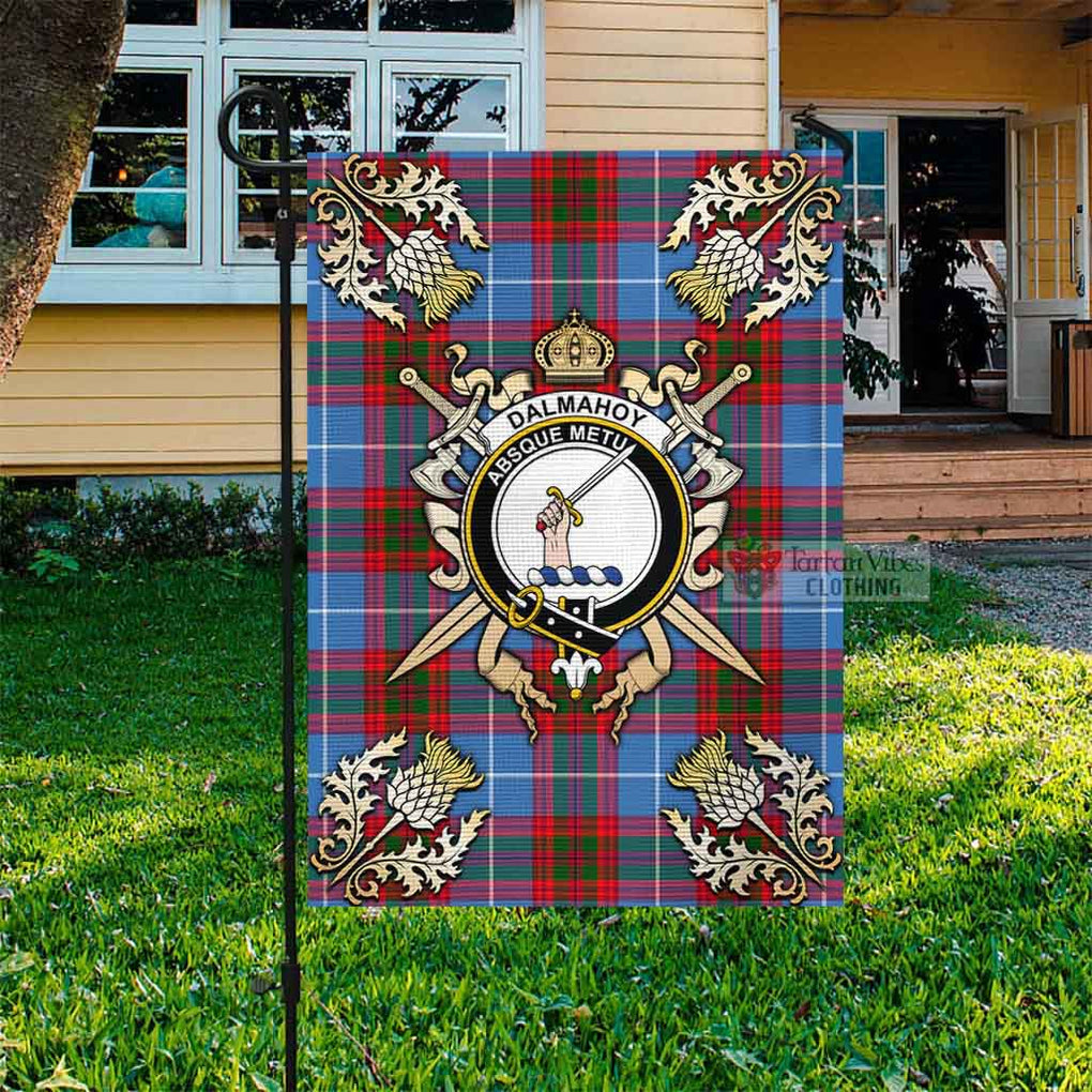 Tartan Vibes Clothing Dalmahoy Tartan Flag with Family Crest and Golden Thistle Crossed Sword Design