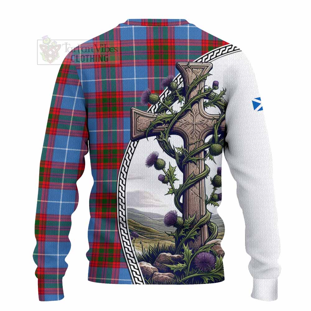 Tartan Vibes Clothing Dalmahoy Tartan Knitted Sweater with Family Crest and St. Andrew's Cross Accented by Thistle Vines