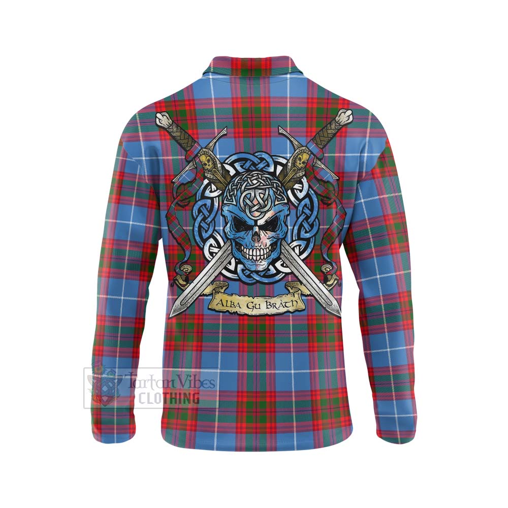 Tartan Vibes Clothing Dalmahoy Tartan Long Sleeve Polo Shirt with Family Crest Celtic Skull Style