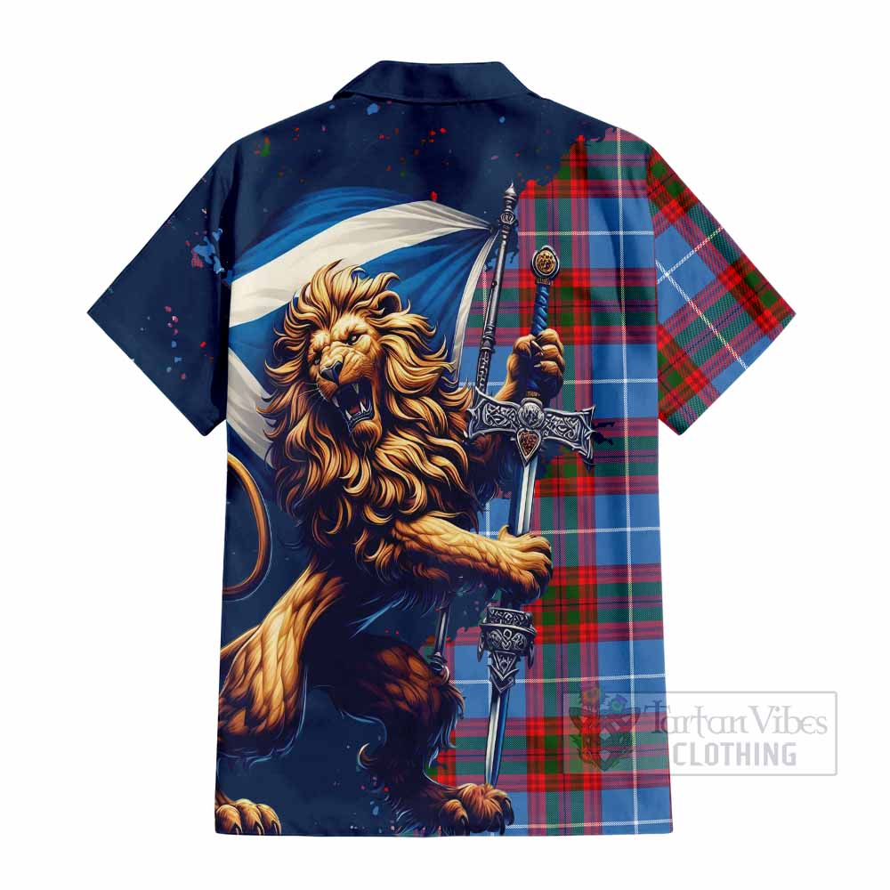 Tartan Vibes Clothing Dalmahoy Tartan Family Crest Short Sleeve Button Shirt with Scottish Majestic Lion