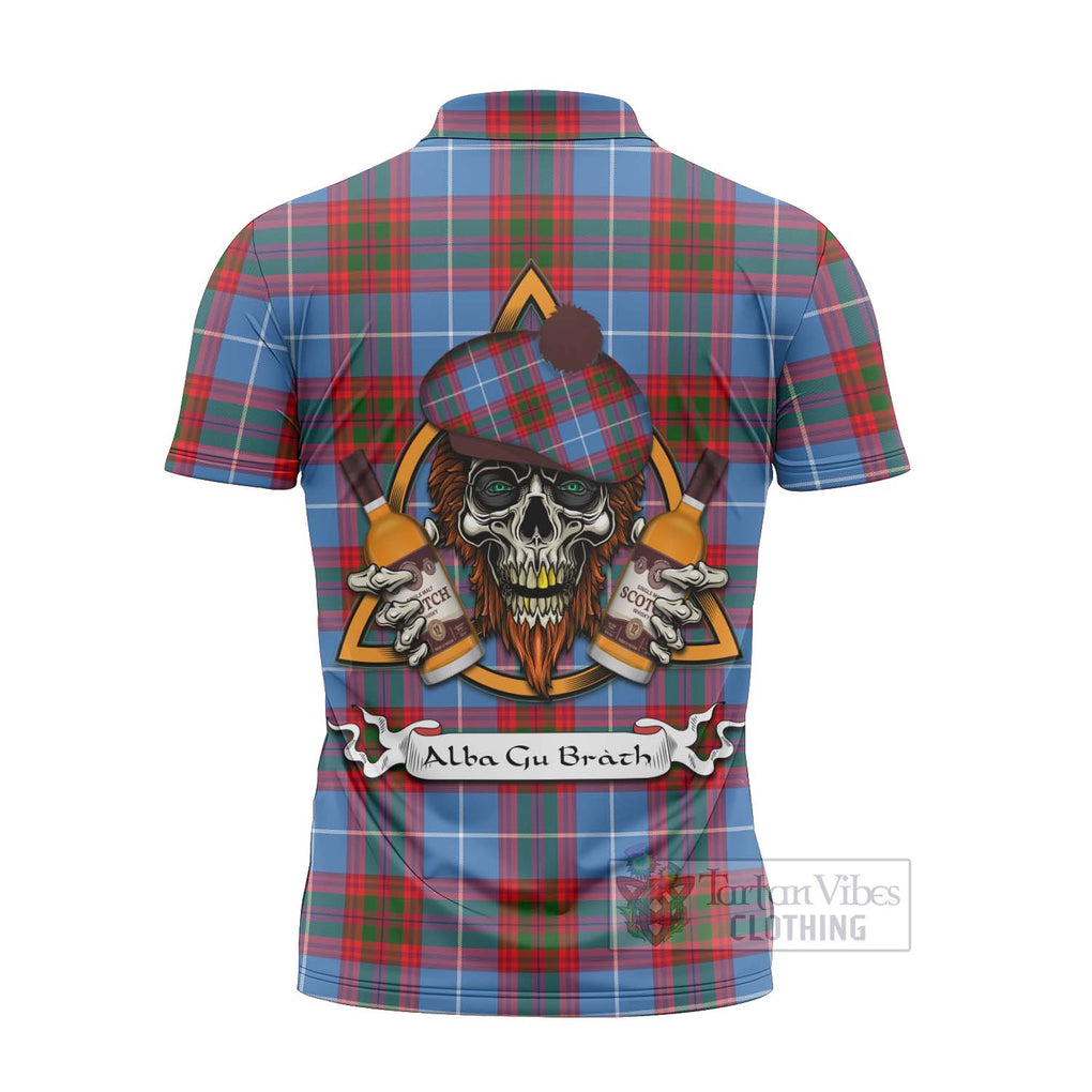 Tartan Vibes Clothing Dalmahoy Tartan Zipper Polo Shirt with Family Crest and Bearded Skull Holding Bottles of Whiskey