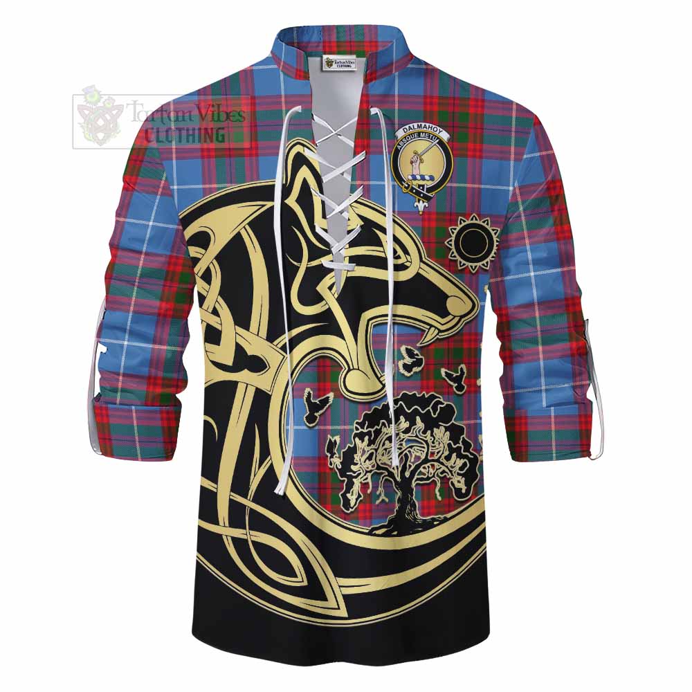 Tartan Vibes Clothing Dalmahoy Tartan Ghillie Kilt Shirt with Family Crest Celtic Wolf Style