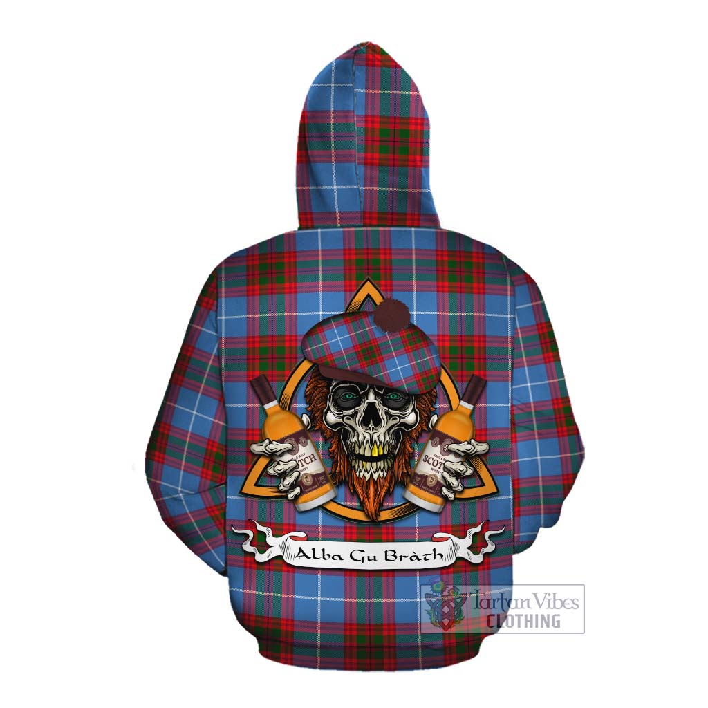 Tartan Vibes Clothing Dalmahoy Tartan Cotton Hoodie with Family Crest and Bearded Skull Holding Bottles of Whiskey