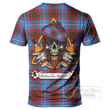 Dalmahoy Tartan T-Shirt with Family Crest and Bearded Skull Holding Bottles of Whiskey