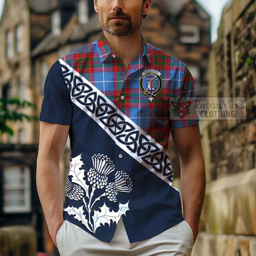 Dalmahoy Tartan Short Sleeve Button Shirt Featuring Thistle and Scotland Map