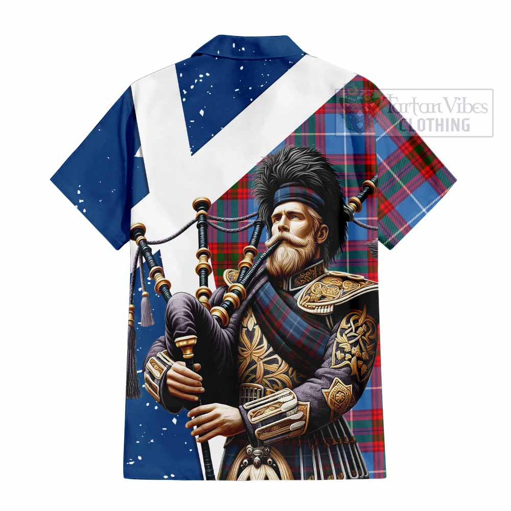 Tartan Vibes Clothing Dalmahoy Tartan Short Sleeve Button Shirt with Family Crest Scottish Bagpiper Vibes