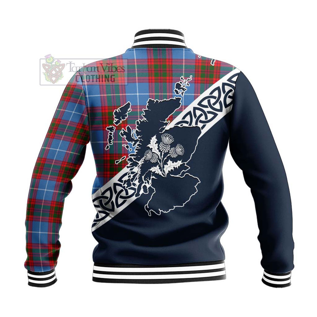 Tartan Vibes Clothing Dalmahoy Tartan Baseball Jacket Featuring Thistle and Scotland Map