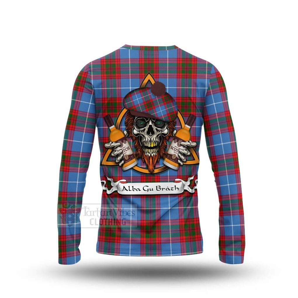 Tartan Vibes Clothing Dalmahoy Tartan Long Sleeve T-Shirt with Family Crest and Bearded Skull Holding Bottles of Whiskey