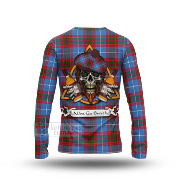 Dalmahoy Tartan Long Sleeve T-Shirt with Family Crest and Bearded Skull Holding Bottles of Whiskey