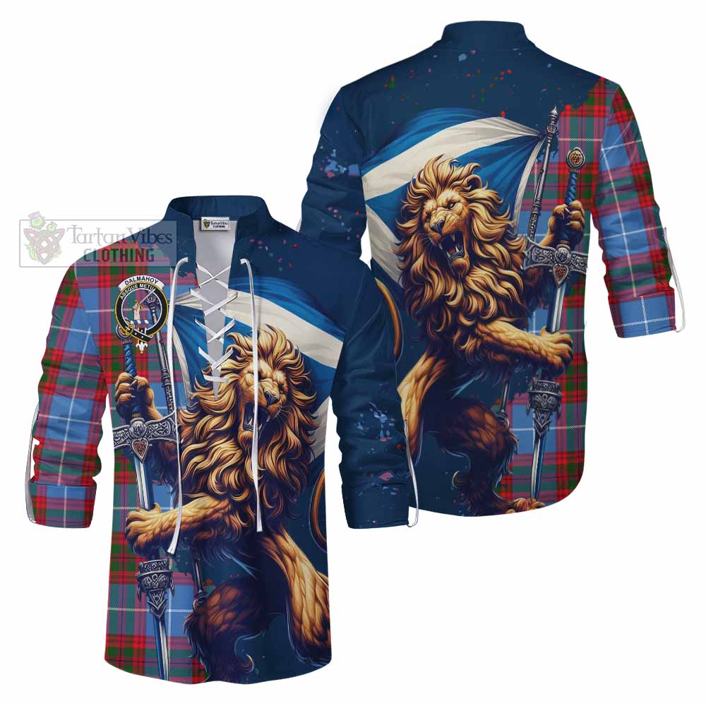 Tartan Vibes Clothing Dalmahoy Tartan Family Crest Ghillie Kilt Shirt with Scottish Majestic Lion