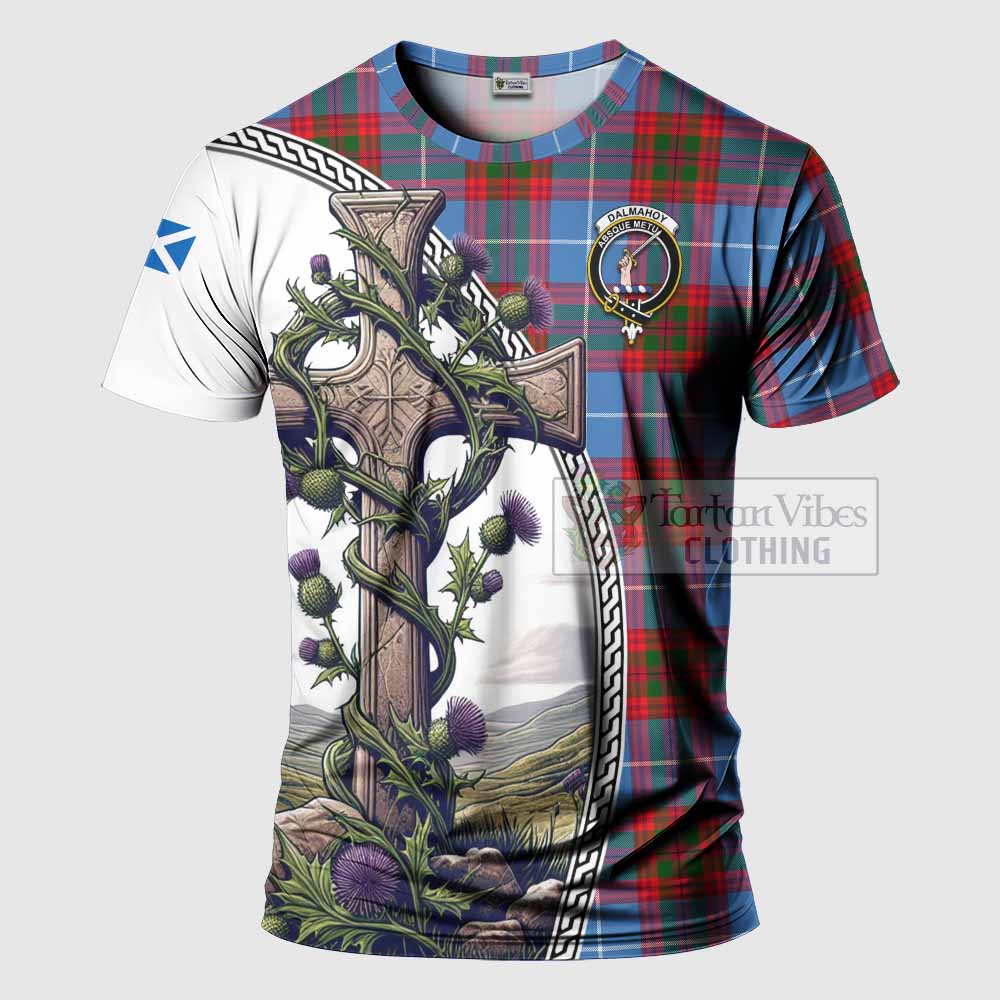 Tartan Vibes Clothing Dalmahoy Agnew Tartan T-Shirt with Family Crest and St. Andrew's Cross Accented by Thistle Vines