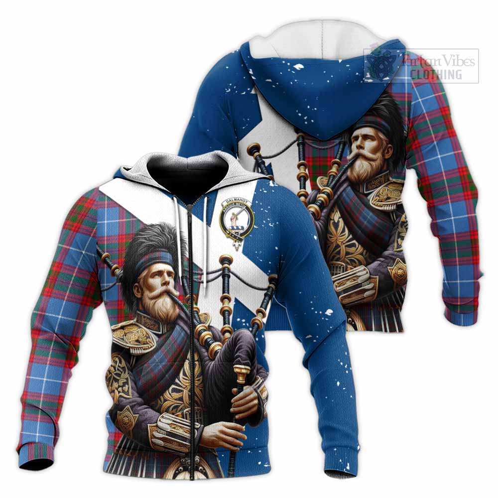 Tartan Vibes Clothing Dalmahoy Tartan Knitted Hoodie with Family Crest Scottish Bagpiper Vibes