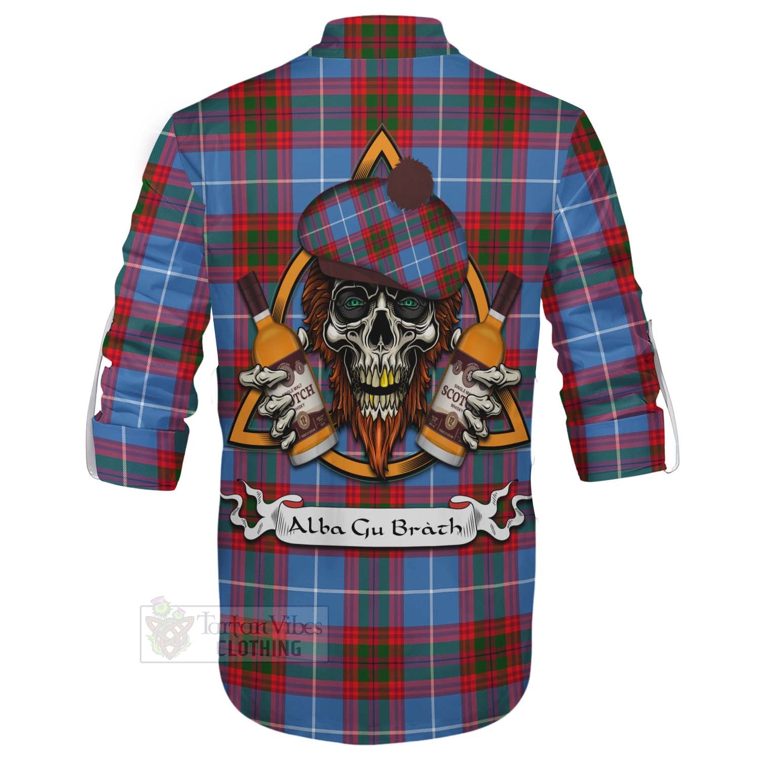 Tartan Vibes Clothing Dalmahoy Tartan Ghillie Kilt Shirt with Family Crest and Bearded Skull Holding Bottles of Whiskey