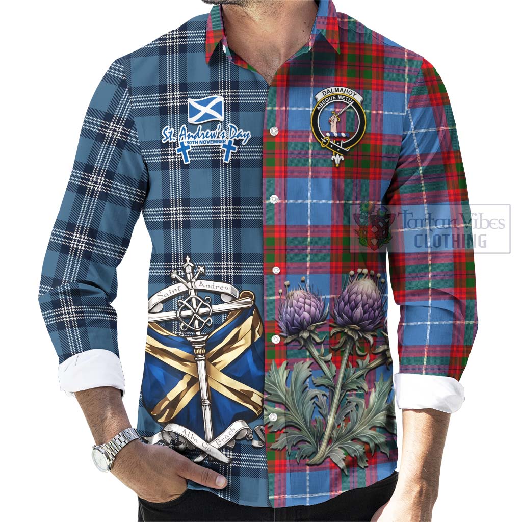 Tartan Vibes Clothing Dalmahoy Tartan Long Sleeve Button Shirt Happy St. Andrew's Day Half Tartan Style