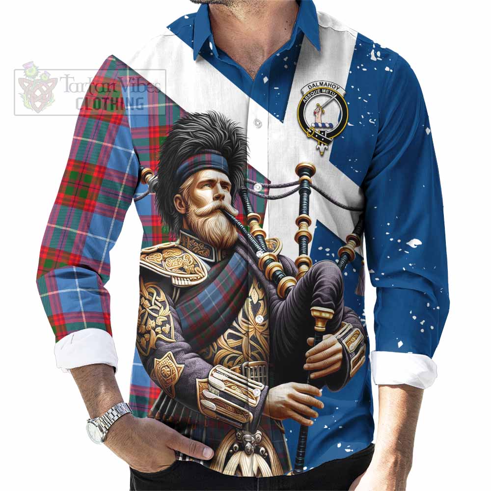 Tartan Vibes Clothing Dalmahoy Tartan Long Sleeve Button Shirt with Family Crest Scottish Bagpiper Vibes