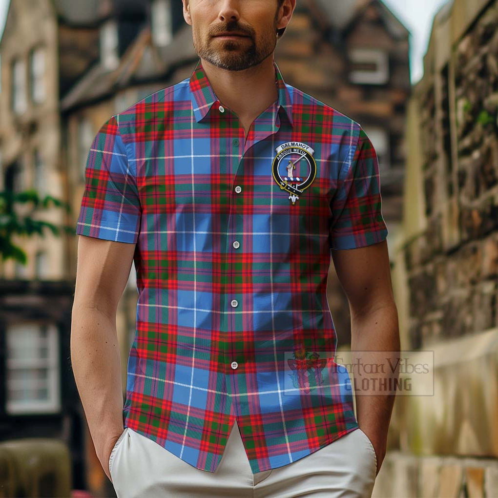 Tartan Vibes Clothing Dalmahoy Tartan Short Sleeve Button Shirt with Family Crest and Bearded Skull Holding Bottles of Whiskey