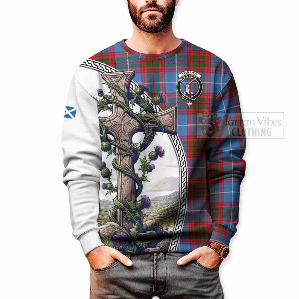 Tartan Vibes Clothing Dalmahoy Tartan Sweatshirt with Family Crest and St. Andrew's Cross Accented by Thistle Vines